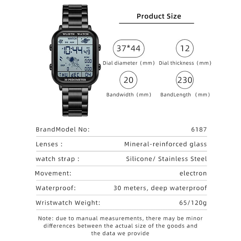 Watches for Man Digital Watch Stopwatch Countdown Wristwatch Calendar Clock Sport Pedometer Calculation Digital montre homme