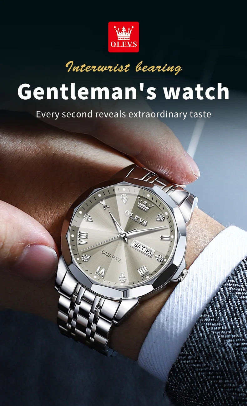 OLEVS Men Watches Smart Casual Top Brand Stainless Steel Original Quartz Wristwatch Rhombus Mirror Waterproof Date Week Luminous