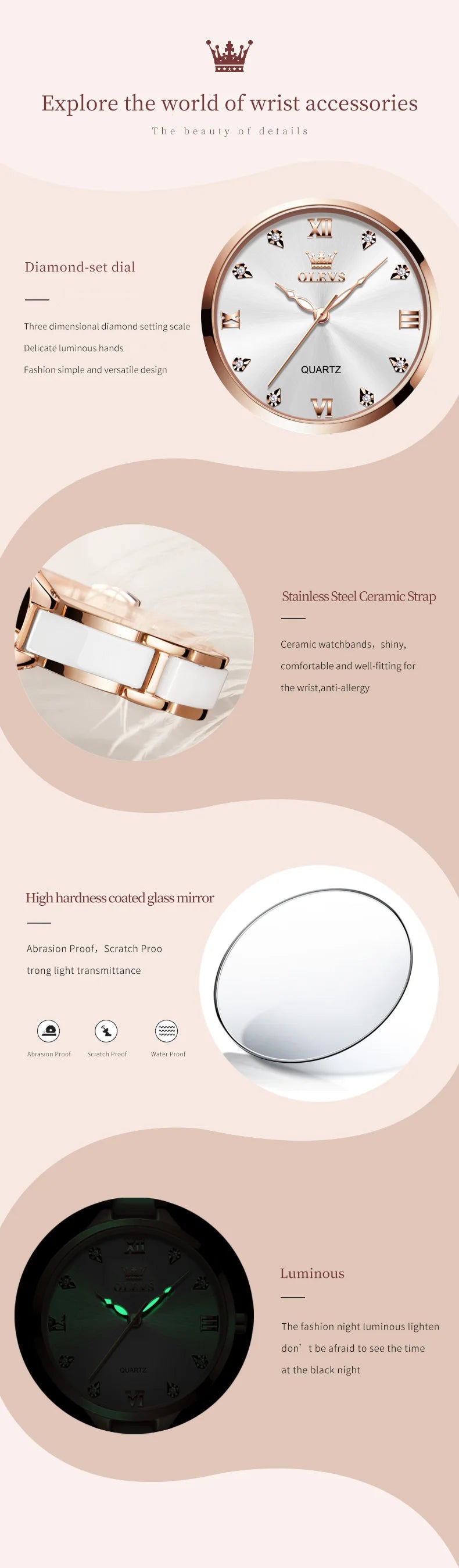 OLEVS 5872 Woman Watches Imported Japan Quartz Movement Waterproof Watch for Women Elegant Ceramic Strap Ladies Wristwatch Gifts
