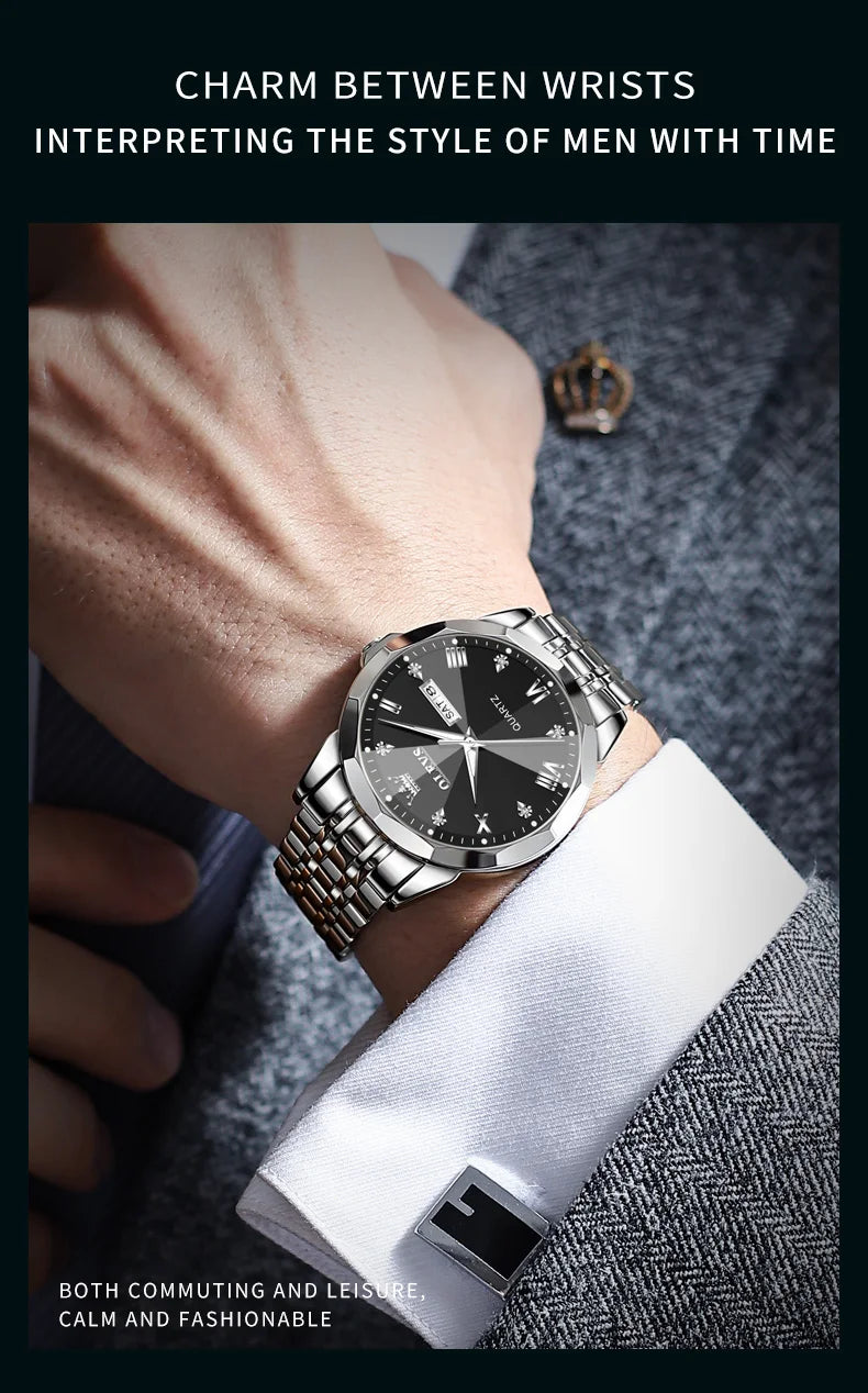 OLEVS Men Watches Smart Casual Top Brand Stainless Steel Original Quartz Wristwatch Rhombus Mirror Waterproof Date Week Luminous