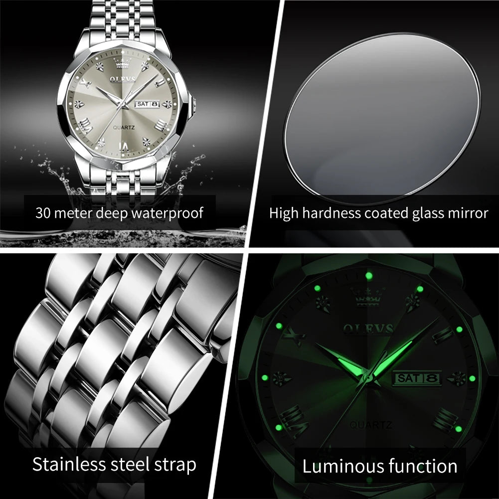 OLEVS Men Watches Smart Casual Top Brand Stainless Steel Original Quartz Wristwatch Rhombus Mirror Waterproof Date Week Luminous