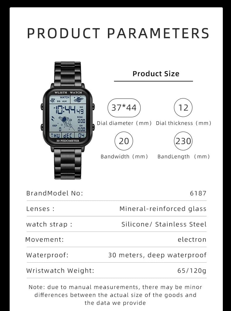 Watches for Man Digital Watch Stopwatch Countdown Wristwatch Calendar Clock Sport Pedometer Calculation Digital montre homme