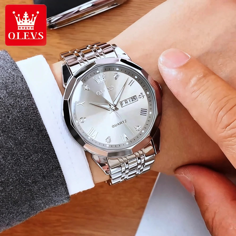OLEVS Men Watches Smart Casual Top Brand Stainless Steel Original Quartz Wristwatch Rhombus Mirror Waterproof Date Week Luminous