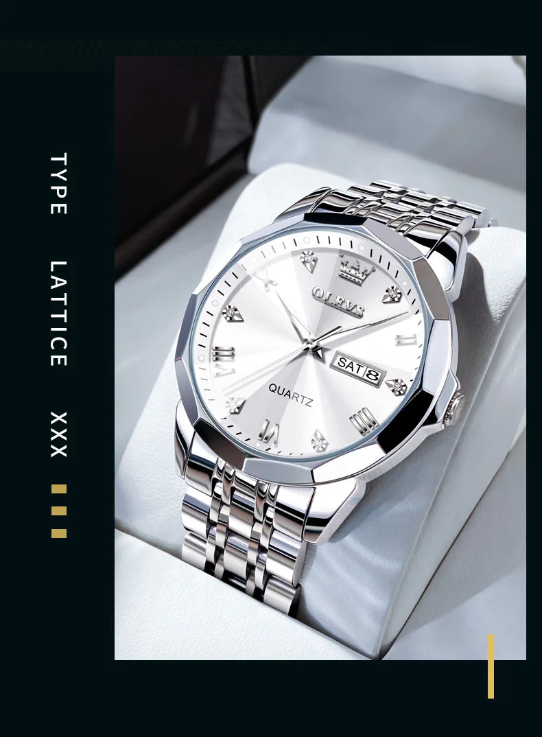OLEVS Men Watches Smart Casual Top Brand Stainless Steel Original Quartz Wristwatch Rhombus Mirror Waterproof Date Week Luminous