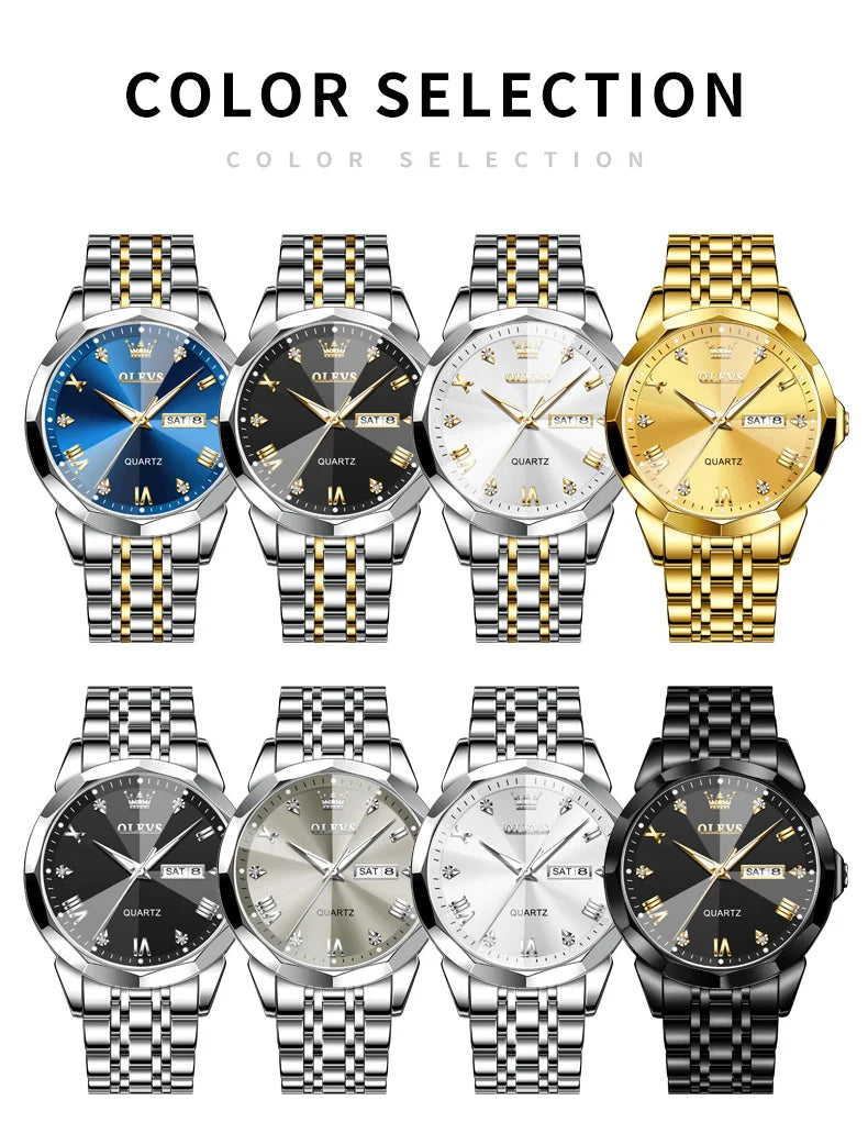 OLEVS Men Watches Smart Casual Top Brand Stainless Steel Original Quartz Wristwatch Rhombus Mirror Waterproof Date Week Luminous
