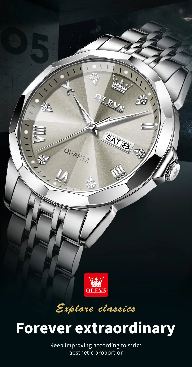 OLEVS Men Watches Smart Casual Top Brand Stainless Steel Original Quartz Wristwatch Rhombus Mirror Waterproof Date Week Luminous