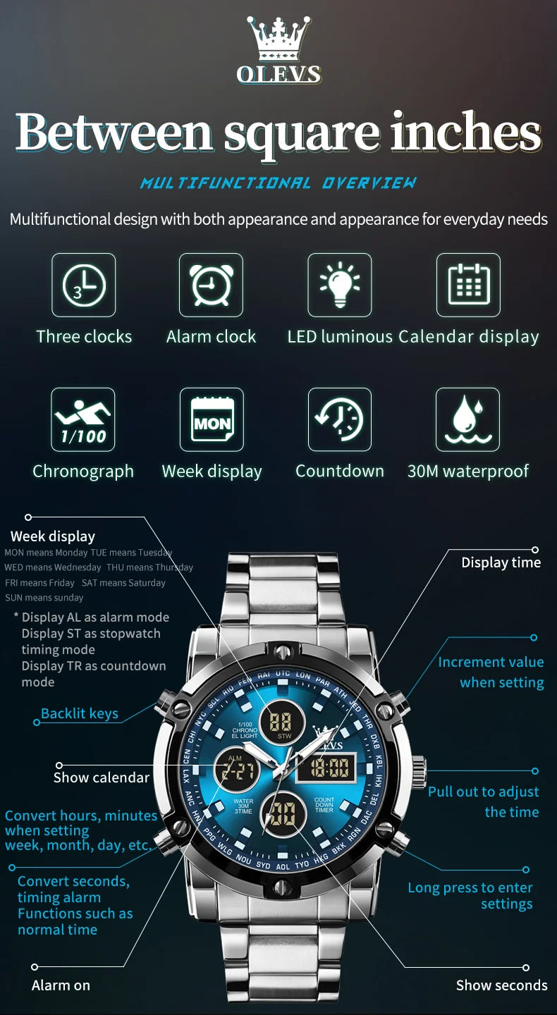OLEVS Men's Watches Original Multifunctional Wlectronic Watch for Man Waterproof Luminous Alarm Clock Fashion Dress