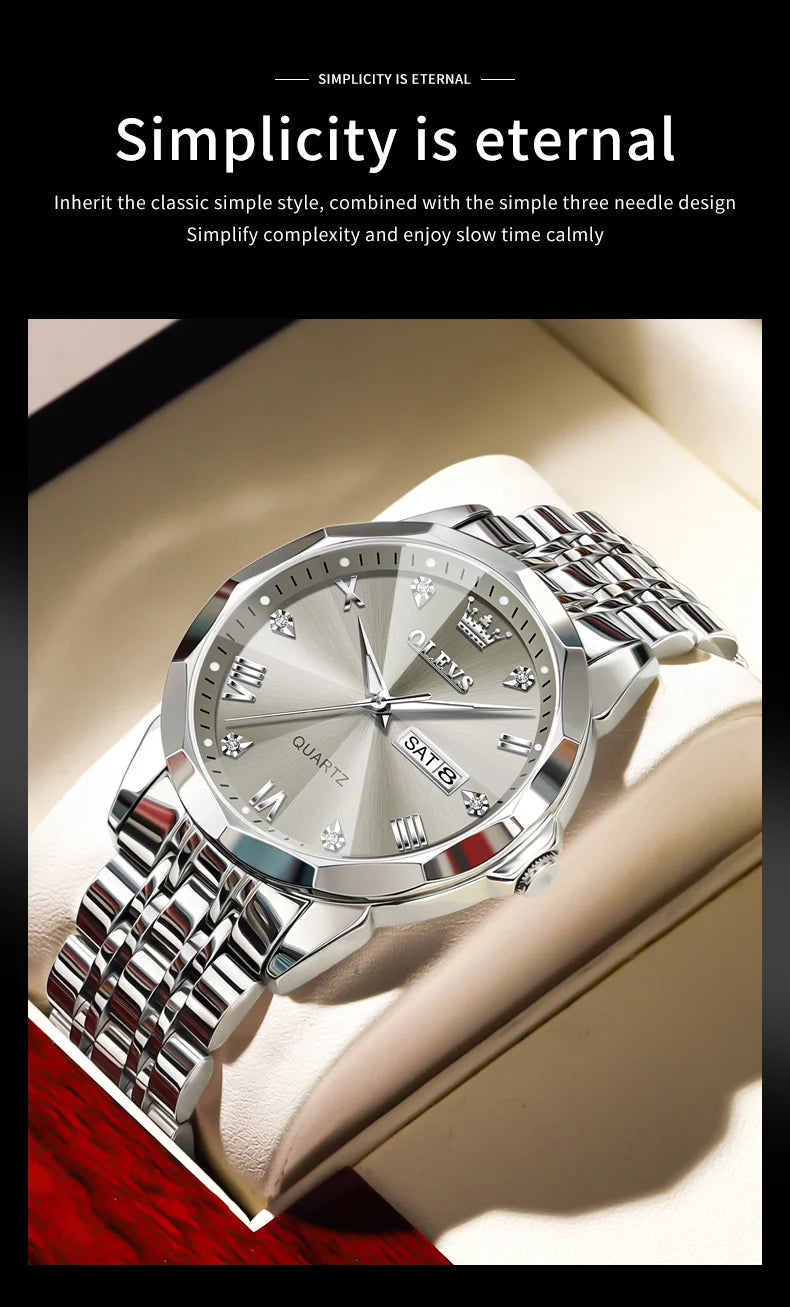 OLEVS Men Watches Smart Casual Top Brand Stainless Steel Original Quartz Wristwatch Rhombus Mirror Waterproof Date Week Luminous