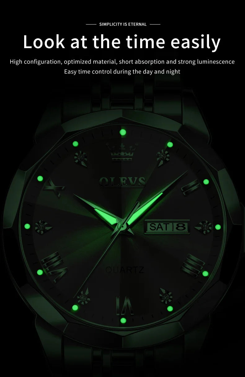 OLEVS Men Watches Smart Casual Top Brand Stainless Steel Original Quartz Wristwatch Rhombus Mirror Waterproof Date Week Luminous