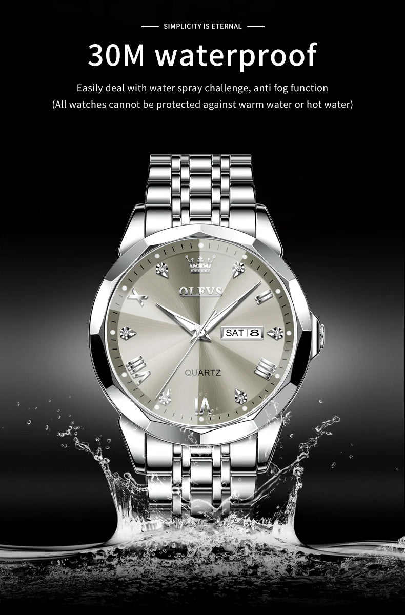 OLEVS Men Watches Smart Casual Top Brand Stainless Steel Original Quartz Wristwatch Rhombus Mirror Waterproof Date Week Luminous