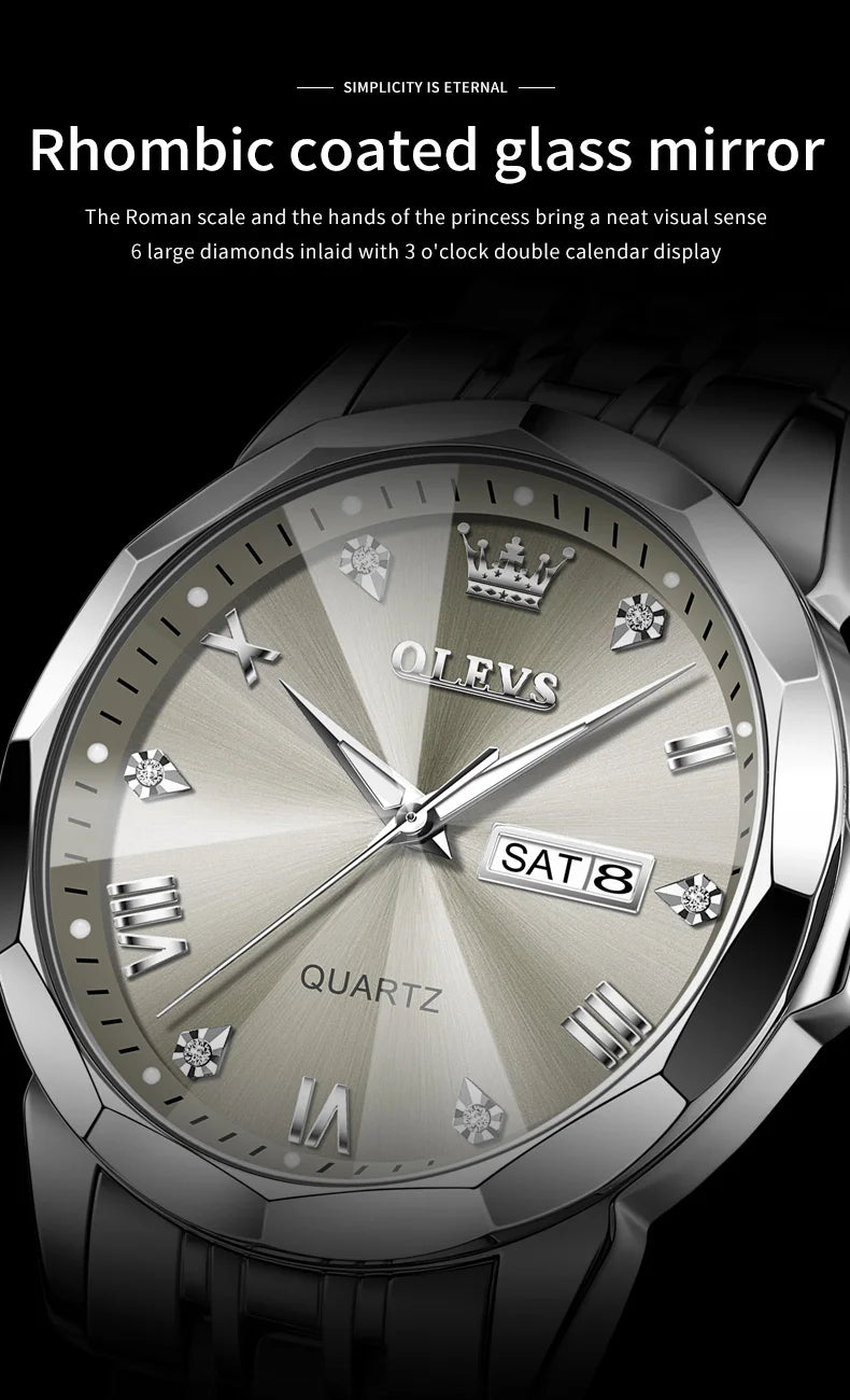 OLEVS Men Watches Smart Casual Top Brand Stainless Steel Original Quartz Wristwatch Rhombus Mirror Waterproof Date Week Luminous