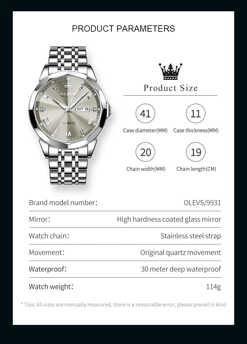OLEVS Men Watches Smart Casual Top Brand Stainless Steel Original Quartz Wristwatch Rhombus Mirror Waterproof Date Week Luminous