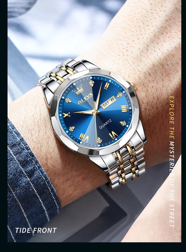 OLEVS Men Watches Smart Casual Top Brand Stainless Steel Original Quartz Wristwatch Rhombus Mirror Waterproof Date Week Luminous