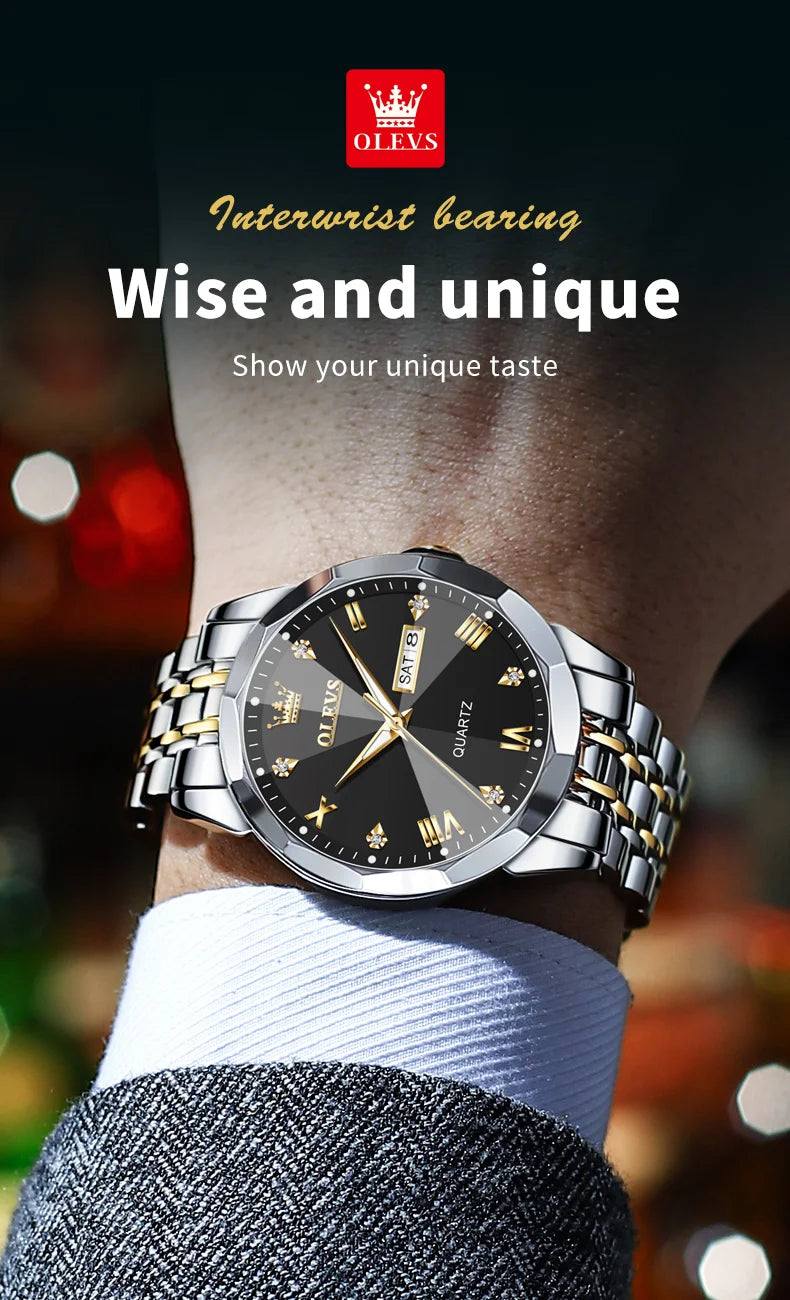 OLEVS Men Watches Smart Casual Top Brand Stainless Steel Original Quartz Wristwatch Rhombus Mirror Waterproof Date Week Luminous