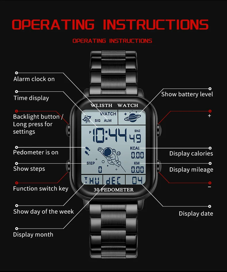 Watches for Man Digital Watch Stopwatch Countdown Wristwatch Calendar Clock Sport Pedometer Calculation Digital montre homme